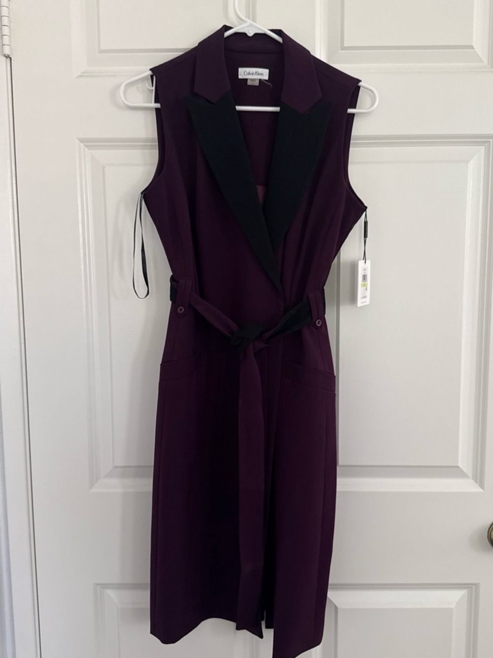 Calvin Klein Sleeveless Belted Long Vest Dress - Deep Plum with Black Lapel